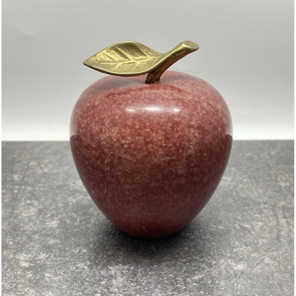 Vintage Red Polished Marble Apple with Brass Stem & Leaf Paperweight 3.5" Decor